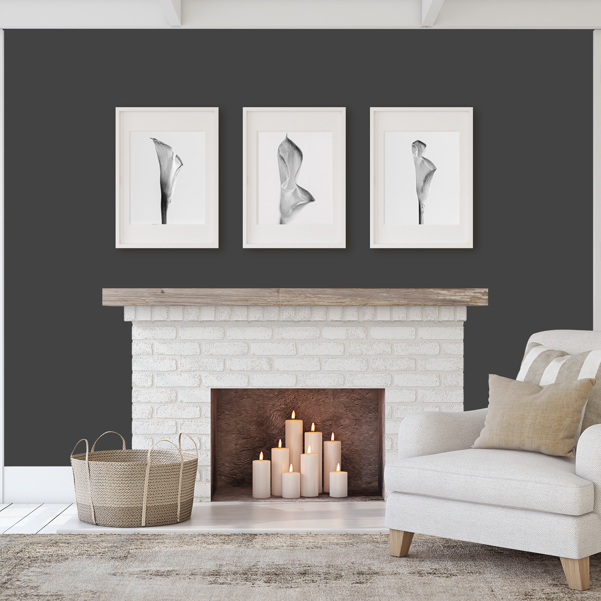 Black and White Cala Lily wall display over Farmhouse Fireplace by photographer Brenda Landrum of Castle Pines, Colorado