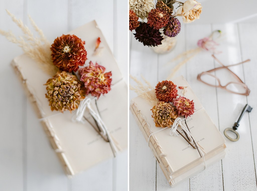 Dried Dahlia's and Antique Books, a winter creative photo shoot.