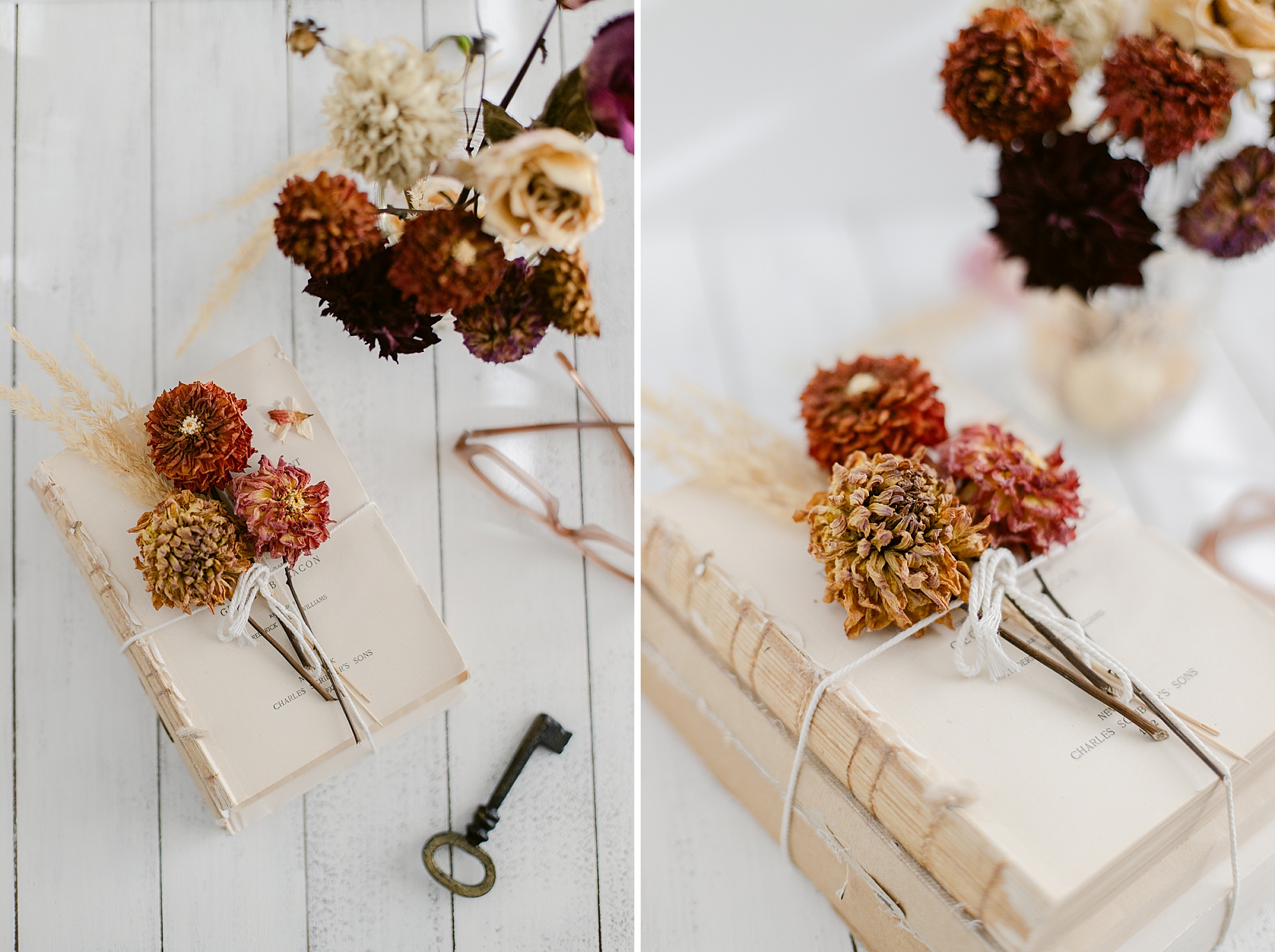 Dried Dahlia's and Antique Books, a winter creative photo shoot.