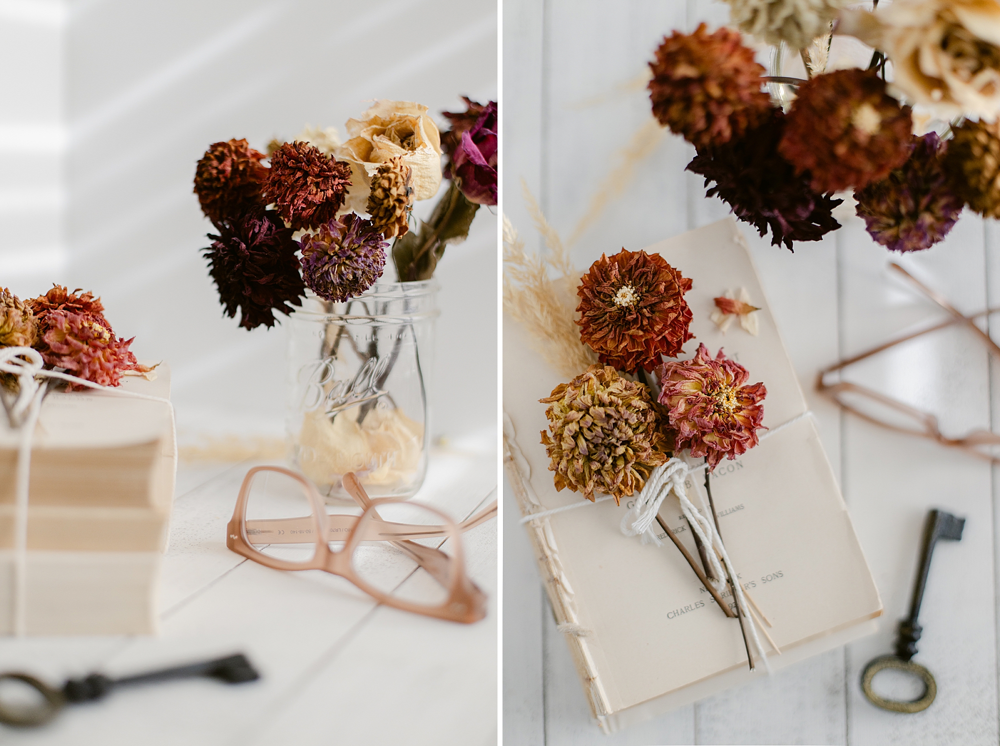 Dried Dahlia's and Antique Books, a winter creative photo shoot.