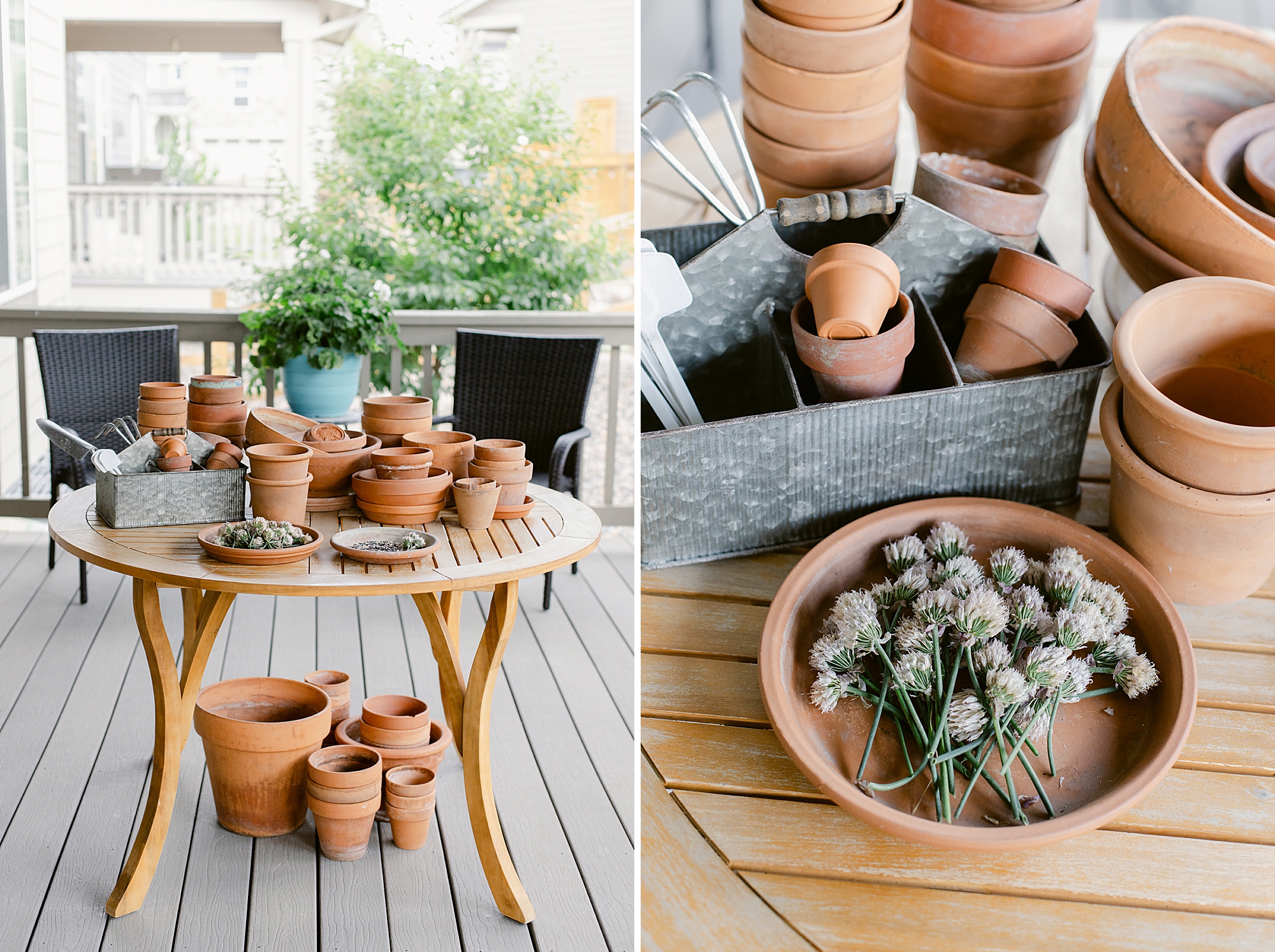 A wooden table with various terracotta pots arranged on it, alongside a basket holding smaller pots and gardening tools, with a view of greenery in the background.