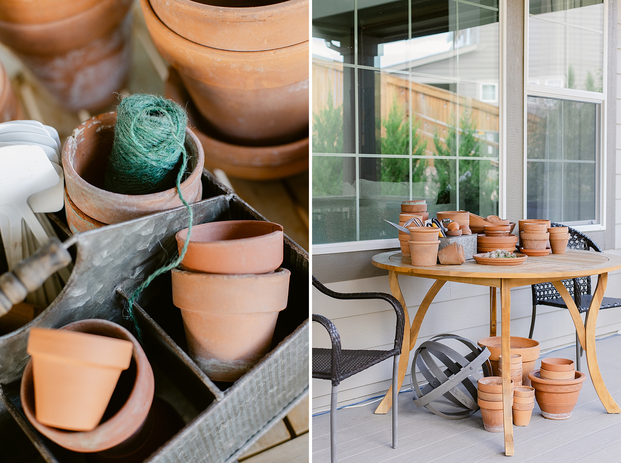 A collection of terracotta pots, gardening tools, and green twine arranged on a round wooden table on a patio, with a chair and a decorative metal sculpture nearby.