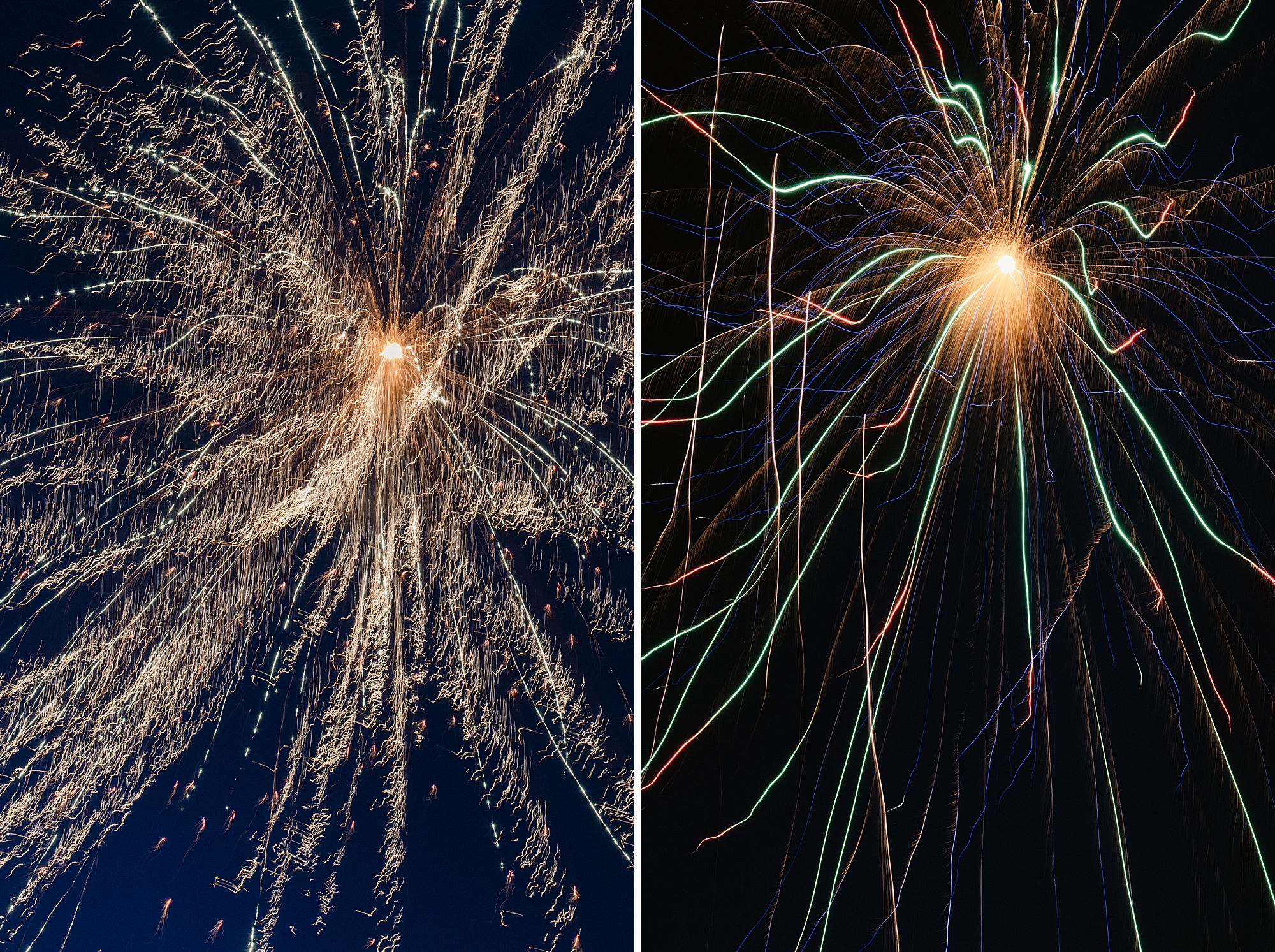 A vibrant display of fireworks exploding in the night sky, showcasing bright sparks and colorful trails emanating from a central point.