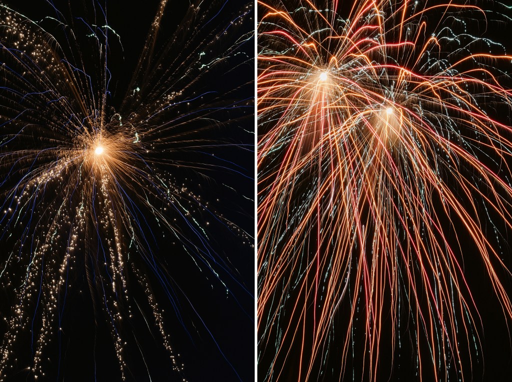 A vibrant display of fireworks exploding in the night sky, showcasing bright sparks and colorful trails emanating from a central point.